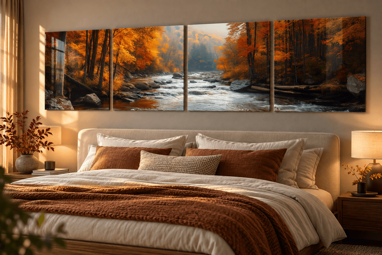 Fall river landscape 4-piece glass art displayed above a neutral upholstered bed with rust pillows